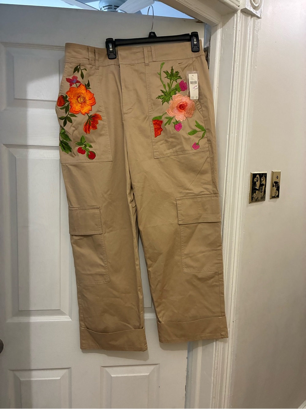 Anthropologie Khaki Cargo Pants with Bright Floral Embroidery